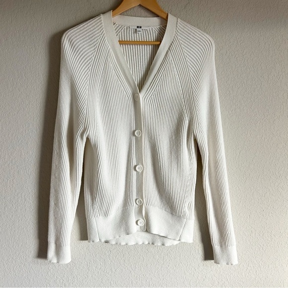 Uniqlo Cotton Cashmere V Neck Cardigan Sweater Button Down White L - Picture 1 of 9